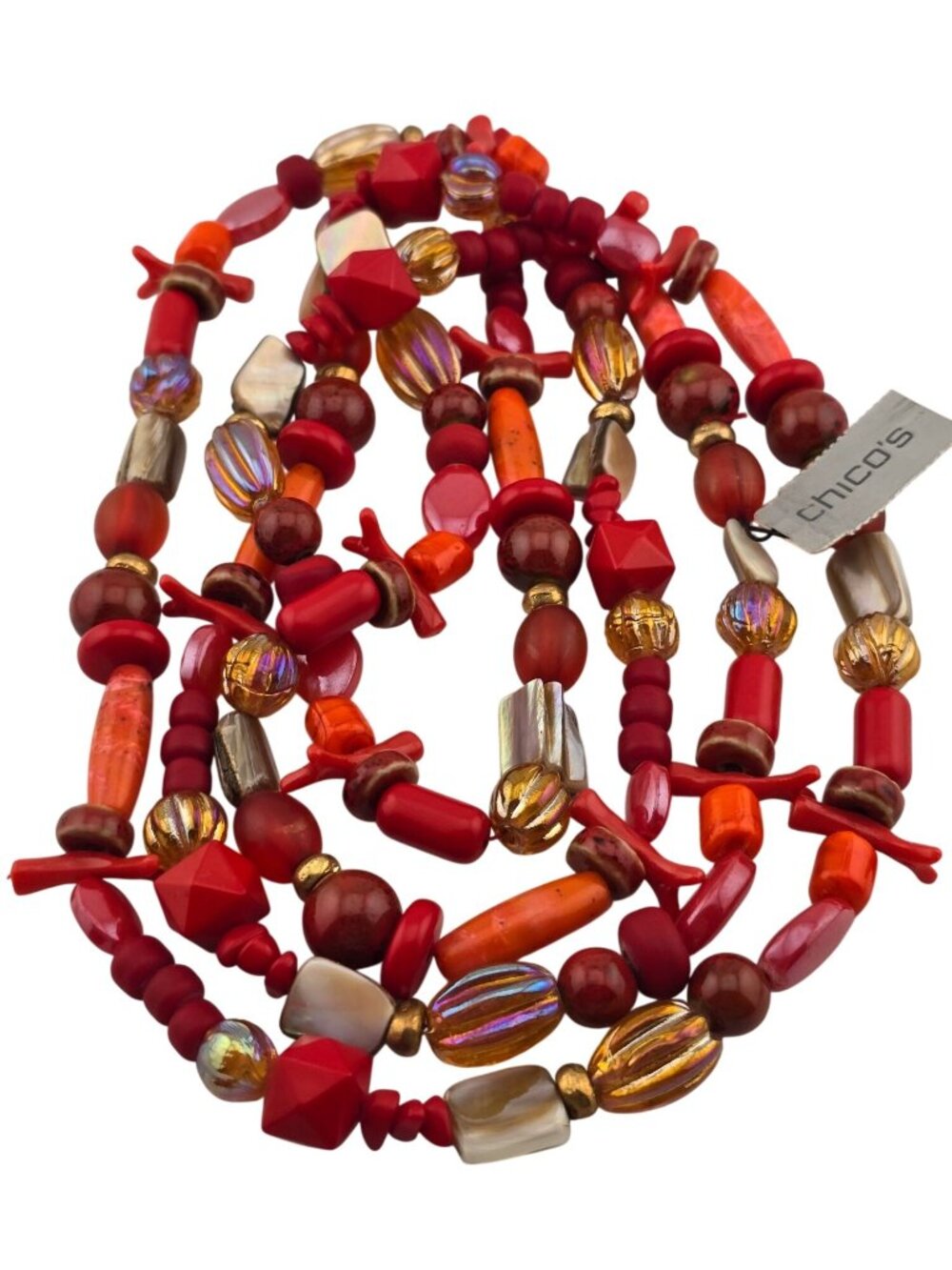NWT Chicos Chazz Multicolor Red & Gold Beaded Necklace Layered Design 58" Opera